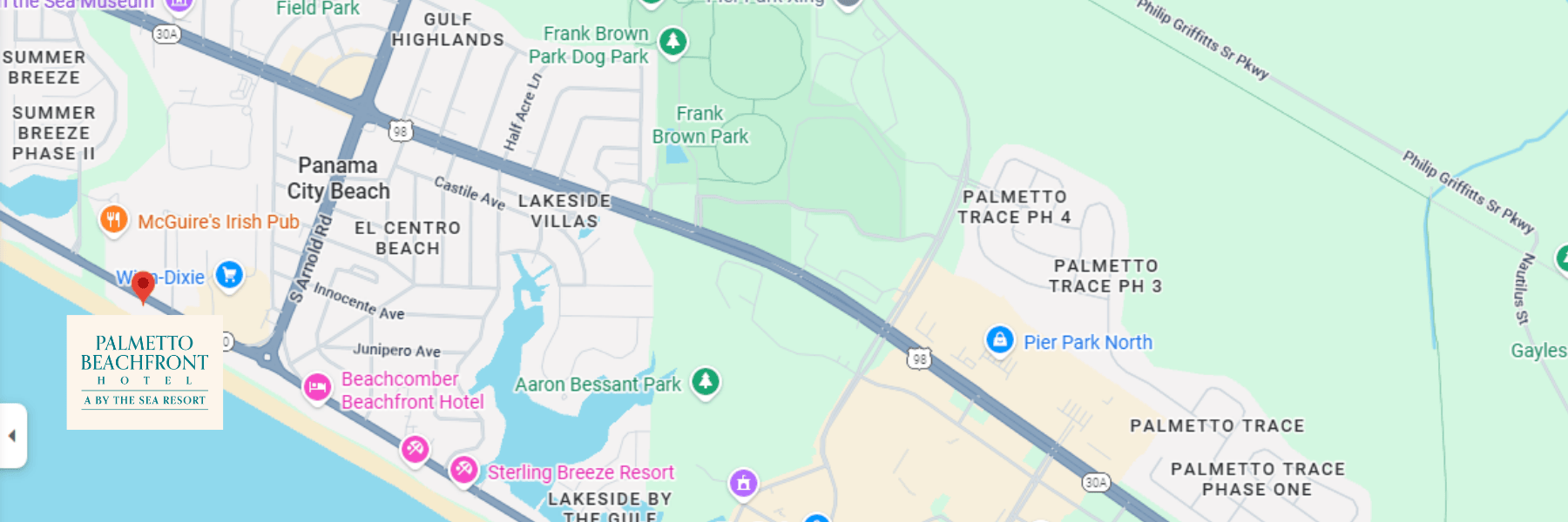 map of panama city beach with palmetto beachfront hotel location